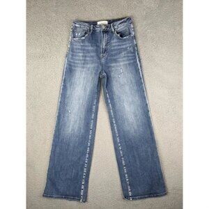 Risen Jeans Womens 7/28 27x30 Blue Distress High Rise Wide Flare Stretch Hipster